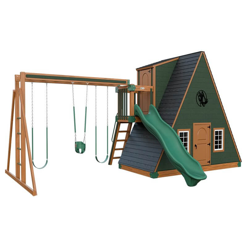 alpine retreat 2 story playhouse with slide chestnut wood green front left