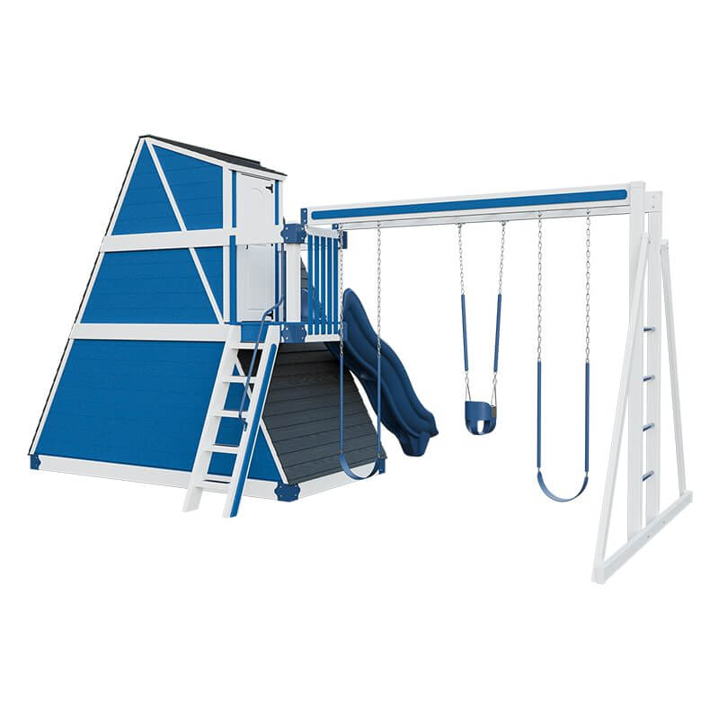 alpine retreat 2 story playhouse with slide white blue back right