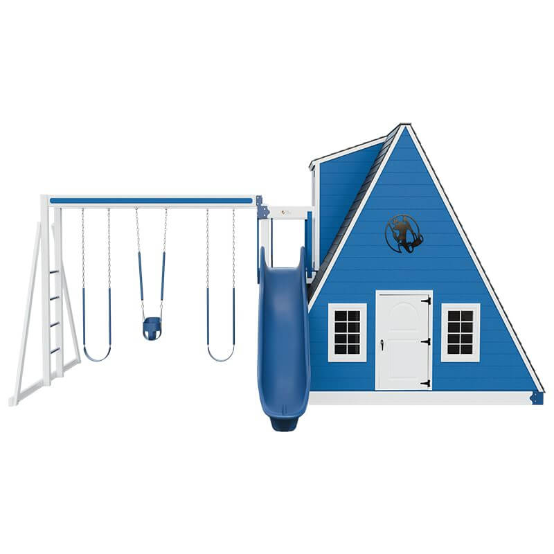alpine retreat 2 story playhouse with slide white blue front