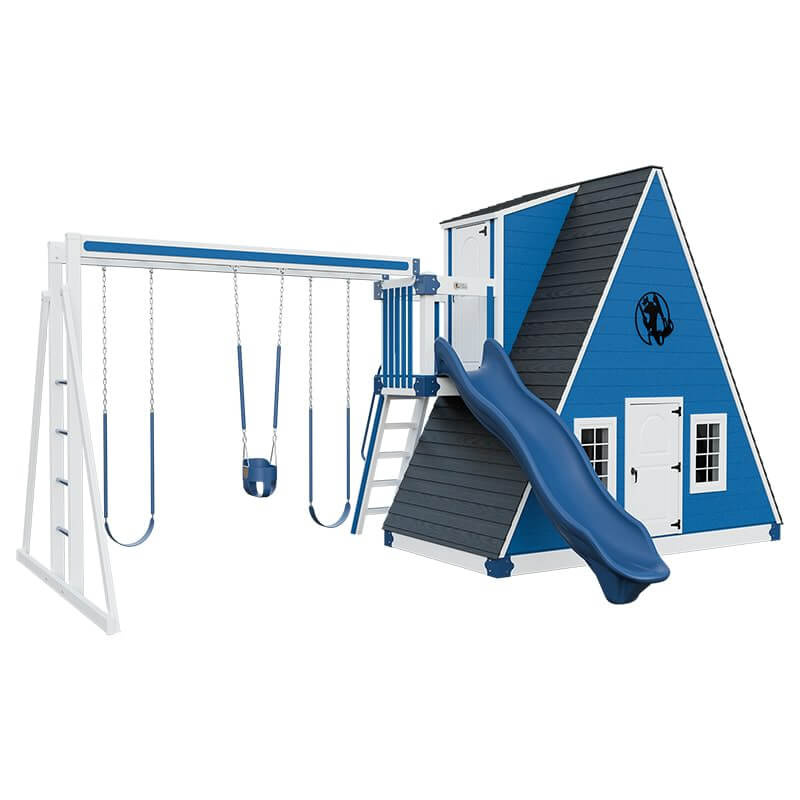 alpine retreat 2 story playhouse with slide white blue front left