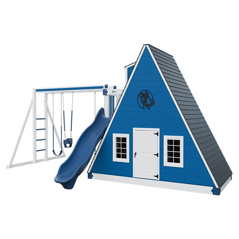 alpine retreat 2 story playhouse with slide white blue front right