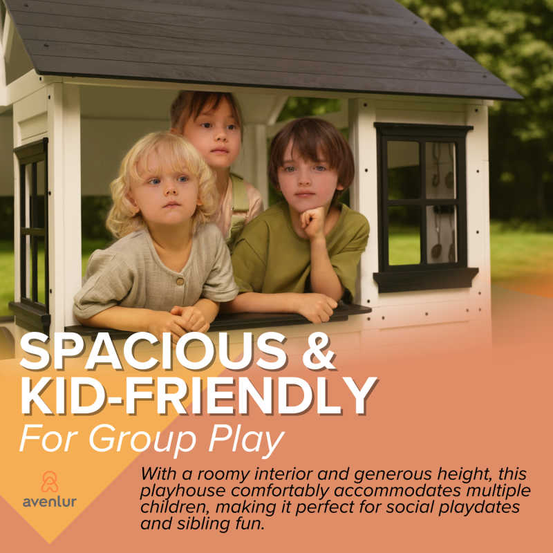 Wooden playhouse with 3 kids in a yard