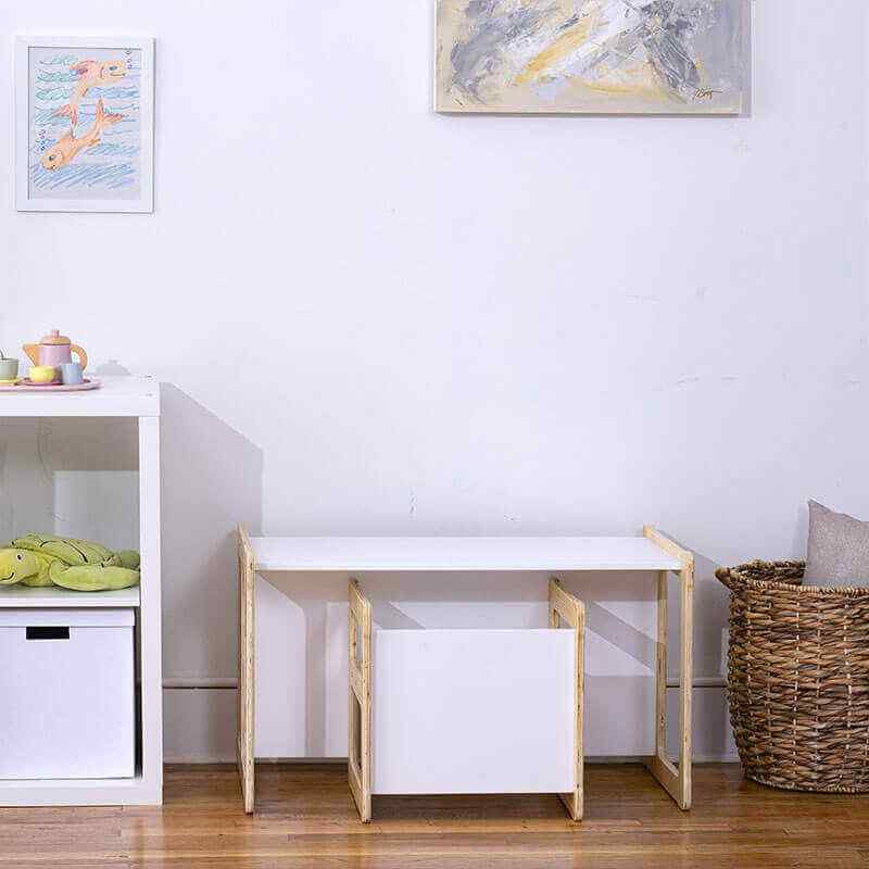 Compact corner view of the Avenlur Hanover toddler table and bench set