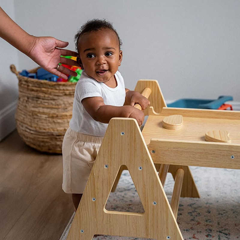 Maple Beginner Pikler Triangle and Rocker upclose with baby