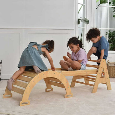 Maple Beginner Pikler Triangle and Rocker with kids playing 