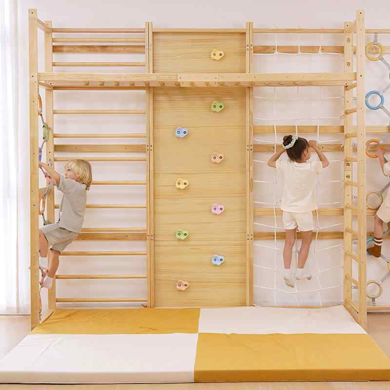 Monkey Bar Attachment – For 79 Inch Walnut Swedish Ladder with 3 kids playing 