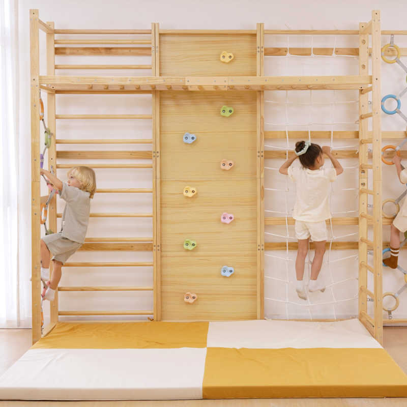 Kids practicing grip strength on Avenlur Modular Walnut Monkey Bars