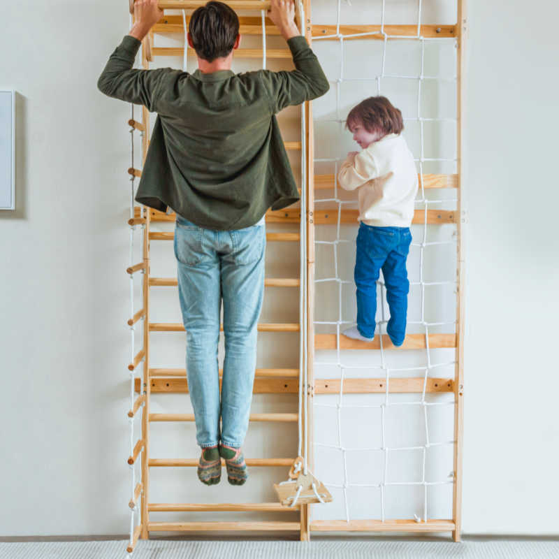 Neem | Swedish Ladder & Rope Wall - 79" Height with a dad and boy