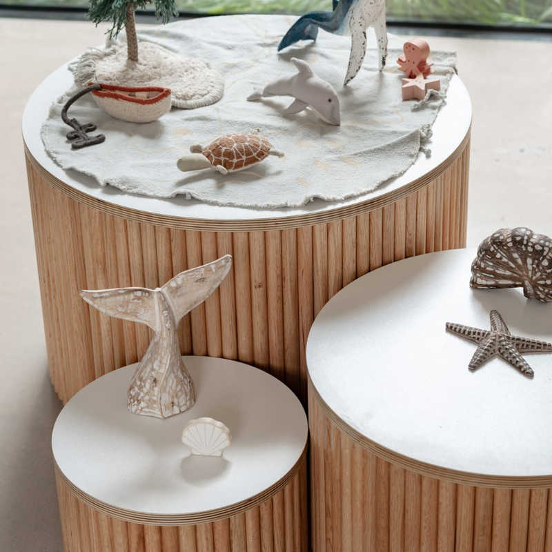 Avenlur Nesting Fluted Tables separated for books, toys, art, and playroom activities