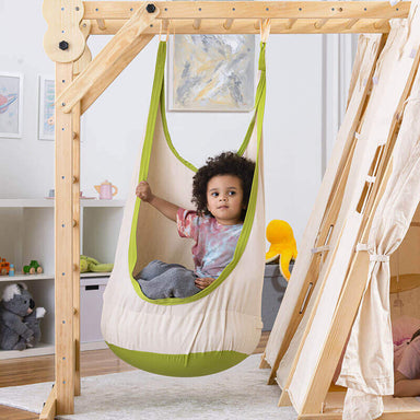 Close up of Avenlur cream and green sensory swing fabric and cushioned seat
