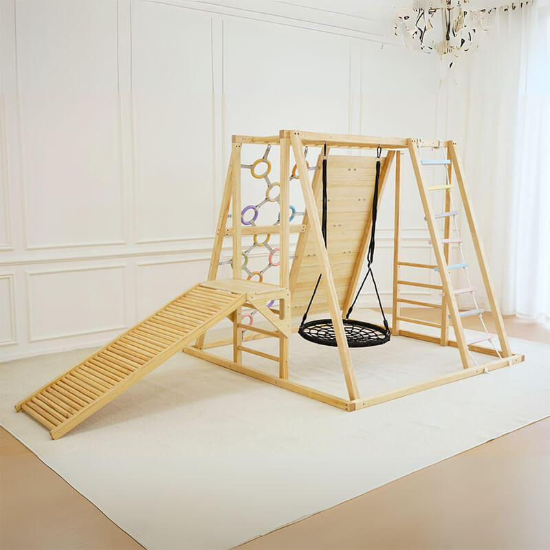 Corner view of the Avenlur Sweetgum XL wooden indoor sensory playset