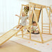 Three kids climbing, sliding, and swinging on the Avenlur Sweetgum XL indoor sensory playset