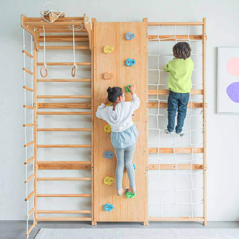 Walnut  Swedish Ladder Jungle Gym - 79 Height - Wall Mounted Kids Climbing