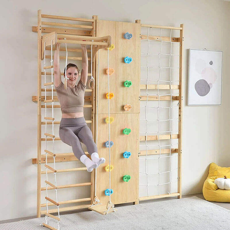 Walnut  Swedish Ladder Jungle Gym - 79 Height - Wall Mounted Mom Exercising