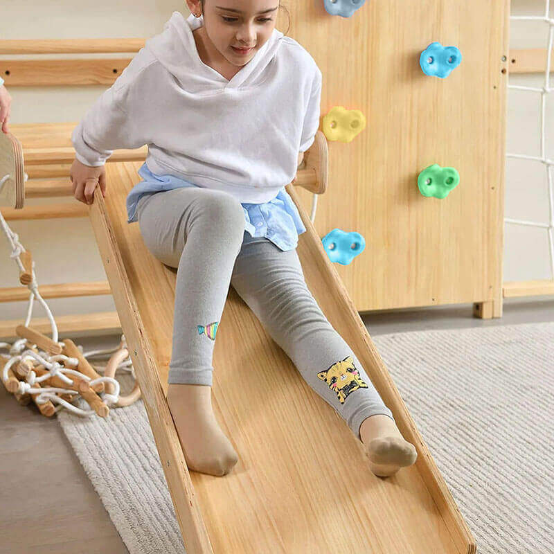 Walnut  Swedish Ladder Jungle Gym - 79 Height - Wall Mounted Child Playing Slide