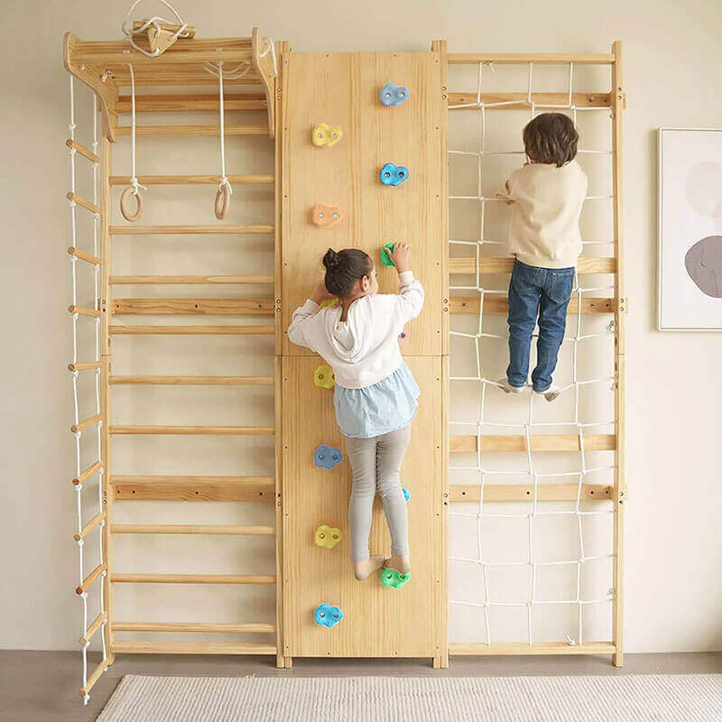 Walnut  Swedish Ladder Jungle Gym - 79 Height - Wall Mounted Kids Wall Clim