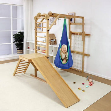 Avenlur Indoor Sensory Hammock Tear Blue Hanging on a Wooden Play Set