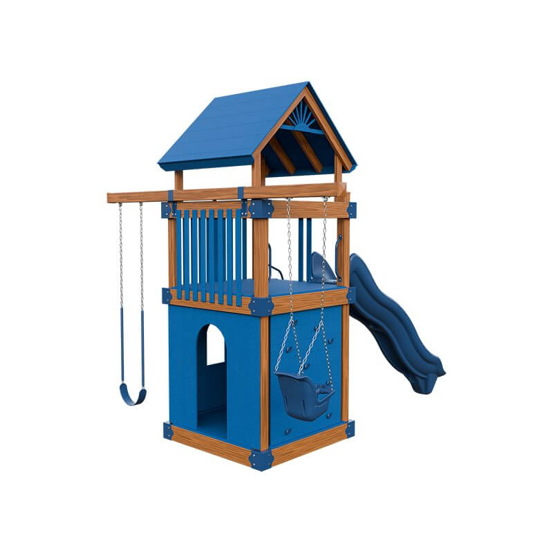 base camp 55 clubhouse vinyl playset chestnut wood blue back right