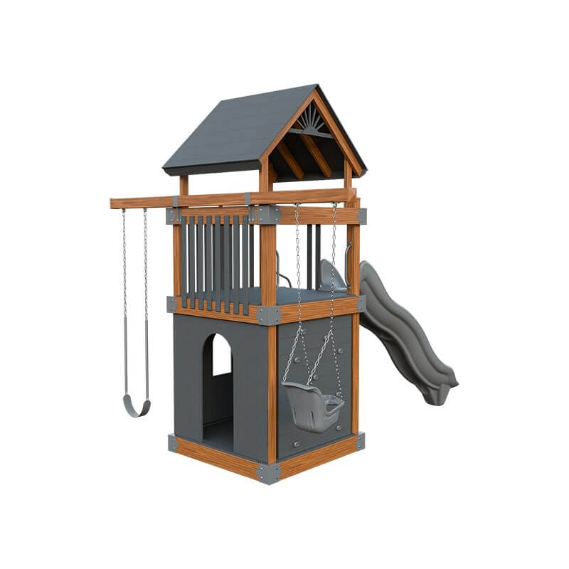 base camp 55 clubhouse vinyl playset chestnut wood gray back right