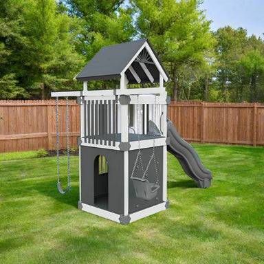 black and white space saver vinyl swing set