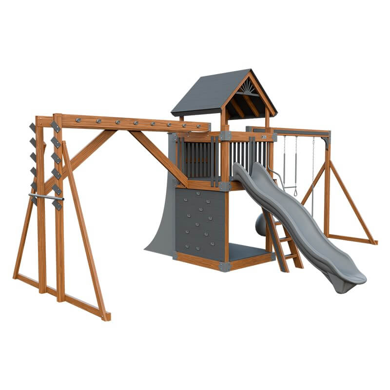 base camp 55 fitness vinyl playset chestnut wood gray front left