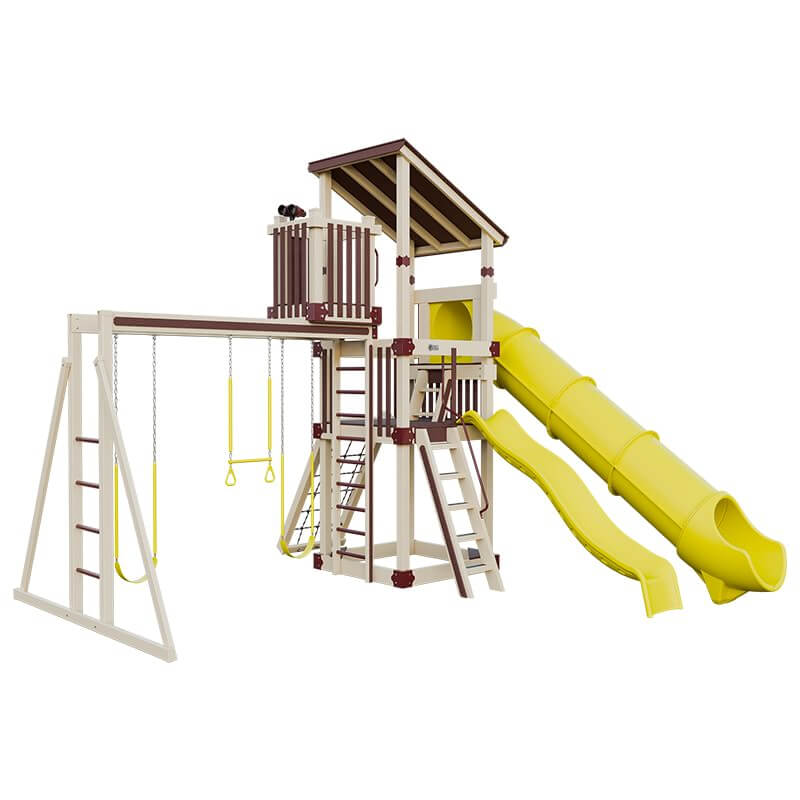 base camp 55 lookout vinyl playset almond red yellow front left