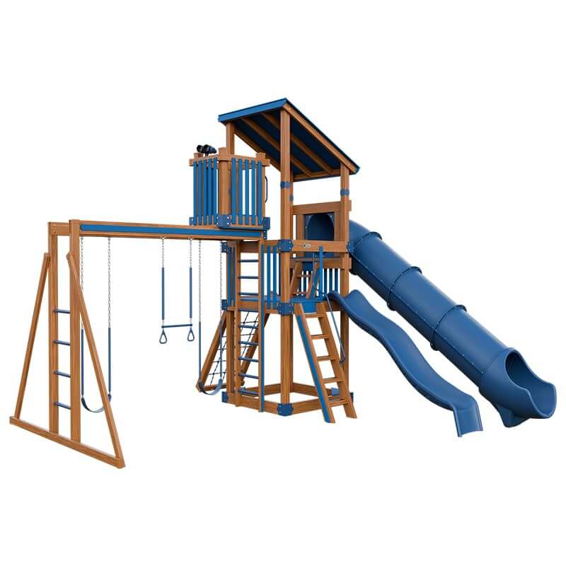 base camp 55 lookout vinyl playset chestnut wood blue front left