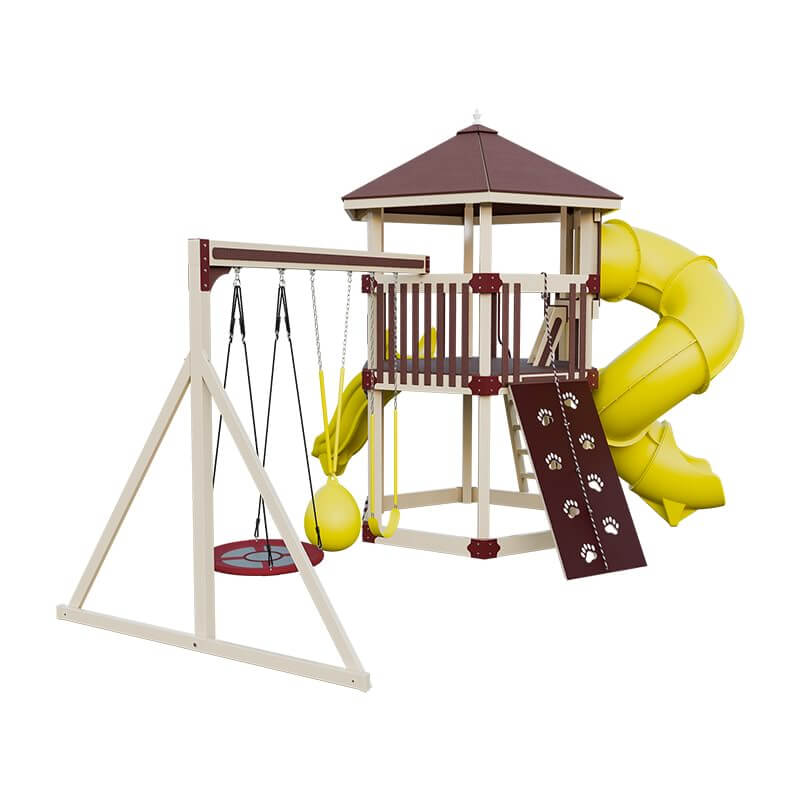 base camp 77 honeycomb vinyl playset almond red yellow back left