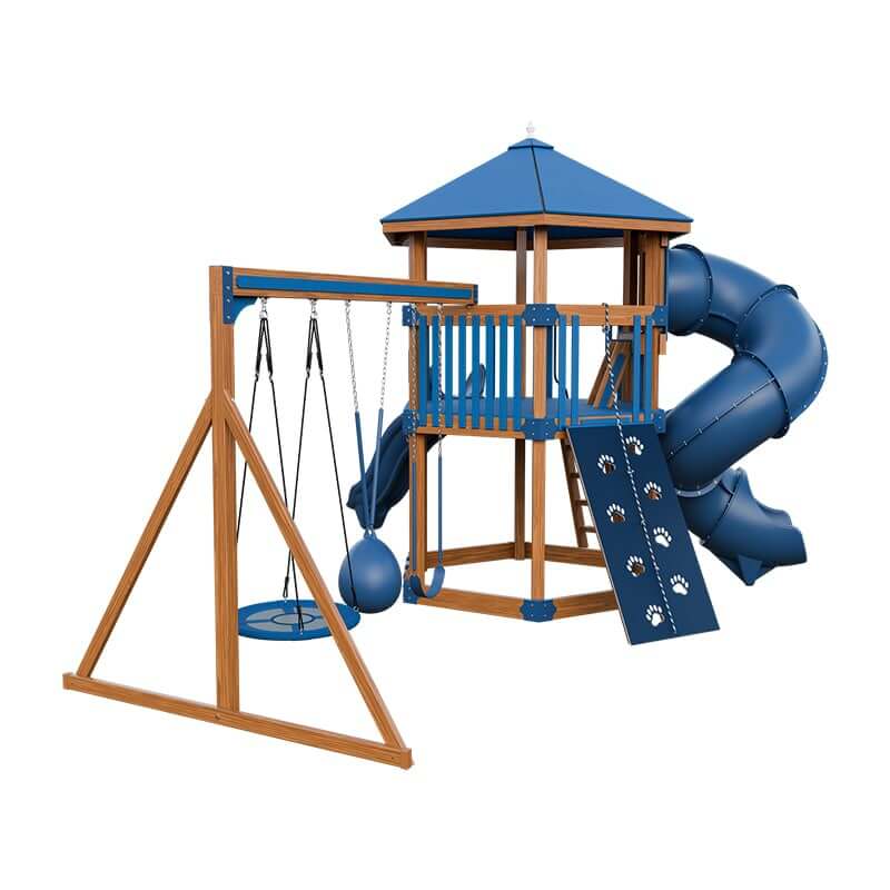 base camp 77 honeycomb vinyl playset chestnut wood blue back left