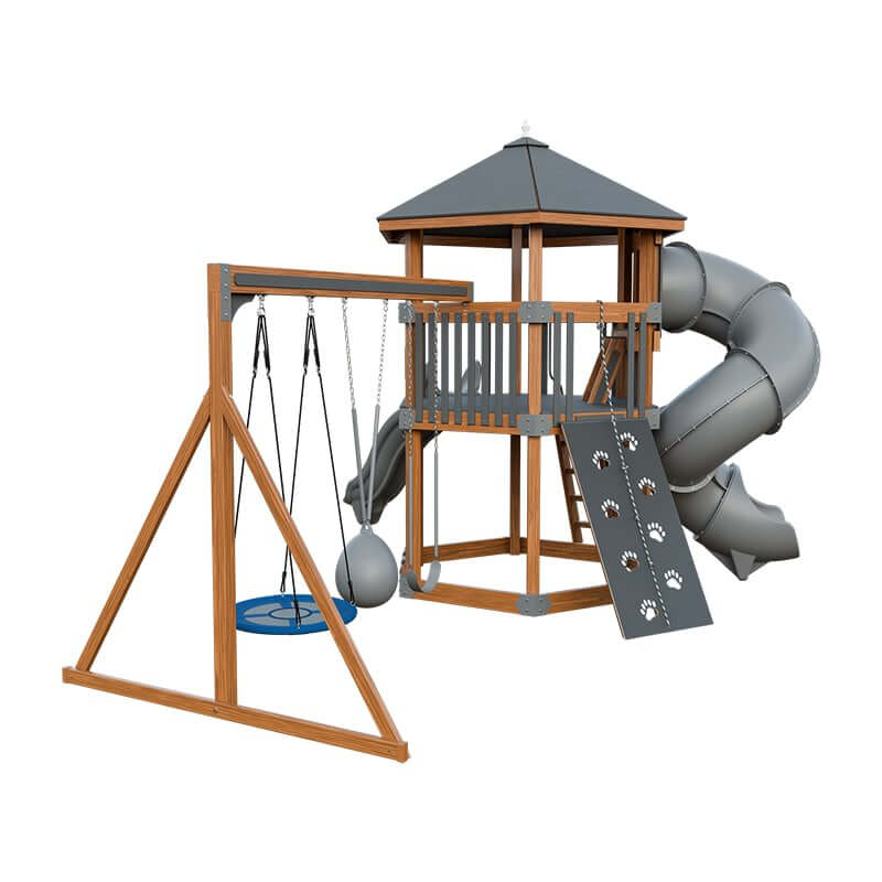 base camp 77 honeycomb vinyl playset chestnut wood gray back left