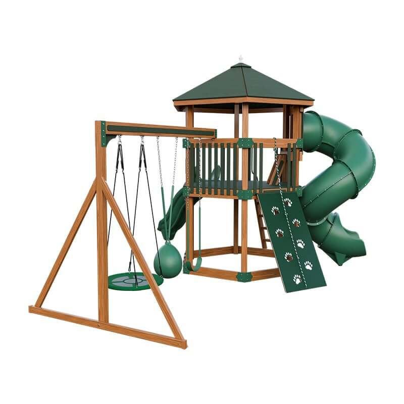 base camp 77 honeycomb vinyl playset chestnut wood green back left