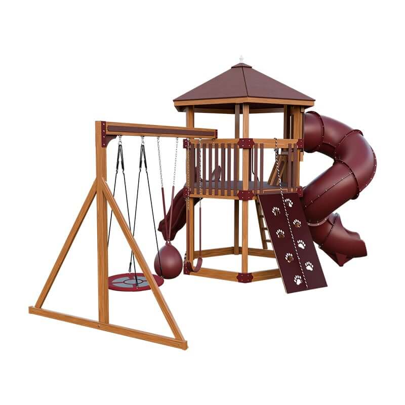 base camp 77 honeycomb vinyl playset chestnut wood red back left