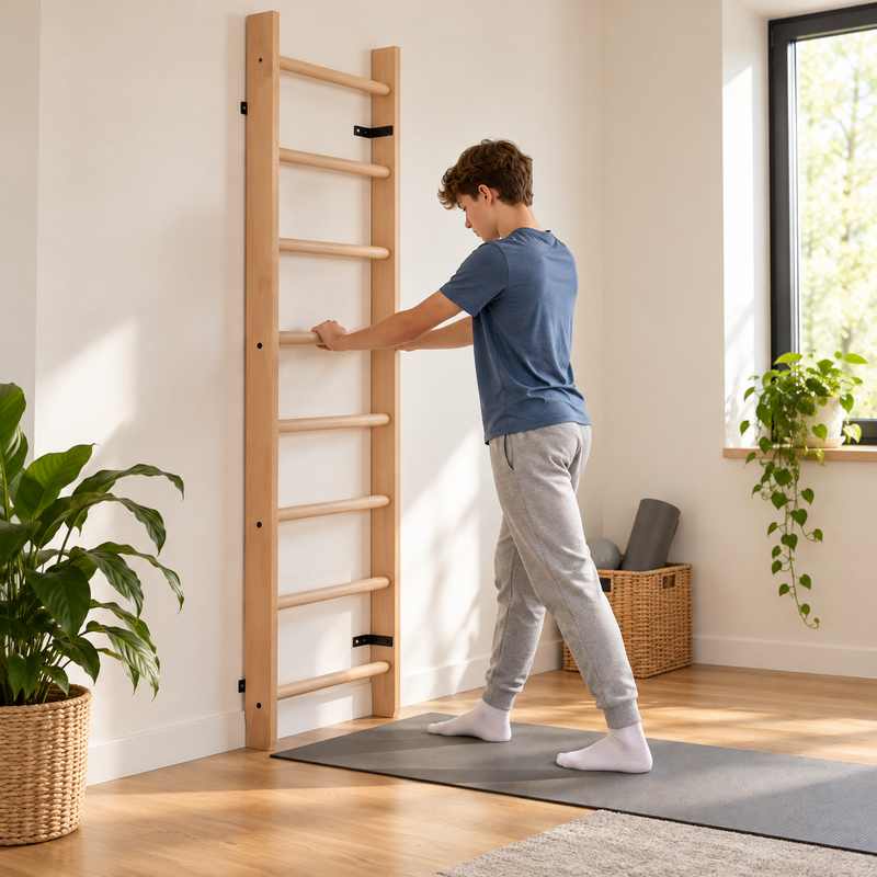 BenchK Wooden Wall Bars 100 with a teen holding a rung during a standing stretch in a home exercise room