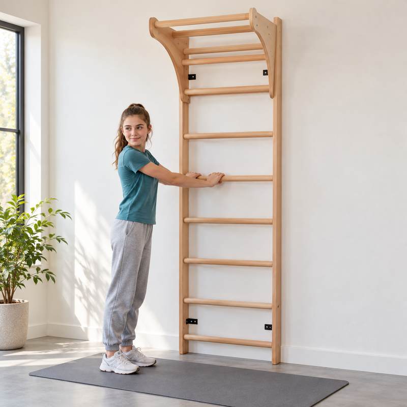 BenchK Wooden Wall Bars 111 with a teen standing on a mat and holding a rung beneath the wooden pull-up bar