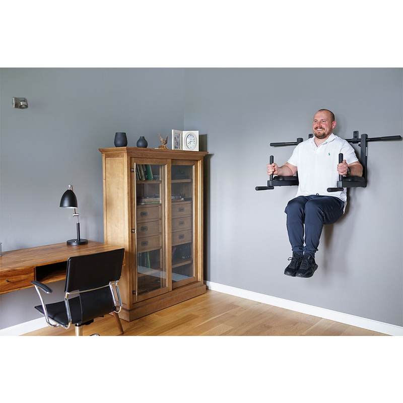 BenchK 2-in-1 Dip and Pull-Up Bar D8 – D8 mounted lower for dips in a home workout space