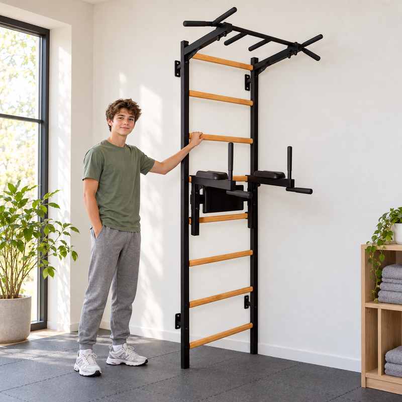 BenchK Wall Bars 222 – Teen standing beside the wall bars and holding a rung, with the dip station visible.