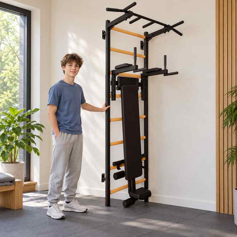 BenchK Wall Bars 223 – Teen standing beside the wall bars with one hand on the frame; dip station and vertically stored bench are visible.