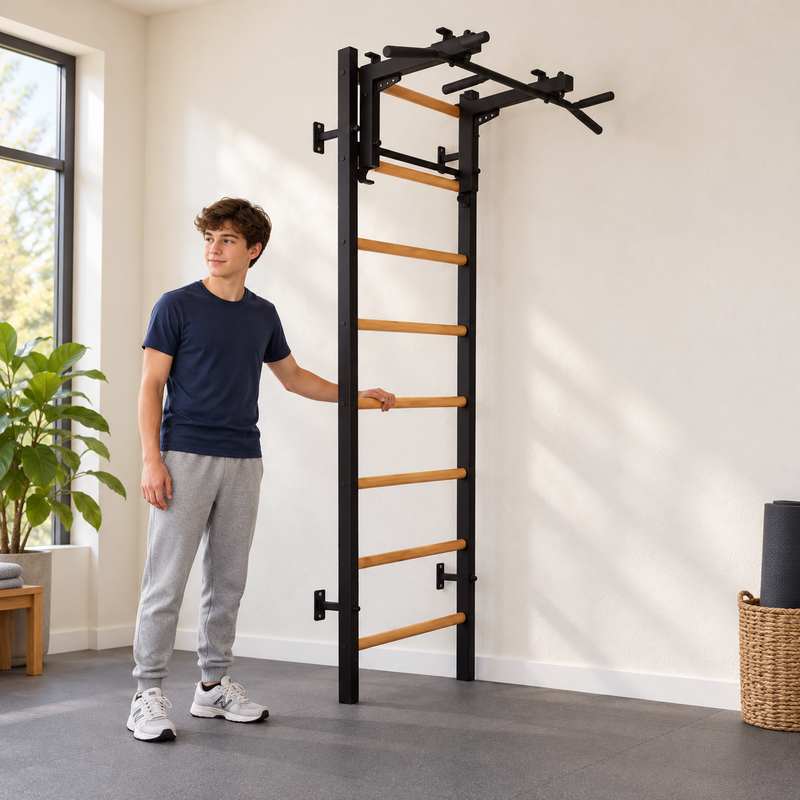 BenchK Wall Bars 231 – Teen holding a wooden rung for a supported standing stretch in a home exercise room.