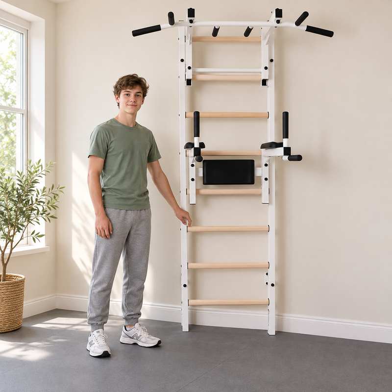 BenchK Wall Bars 232 – Teen standing beside the wall bars and holding a rung, with the dip station visible.