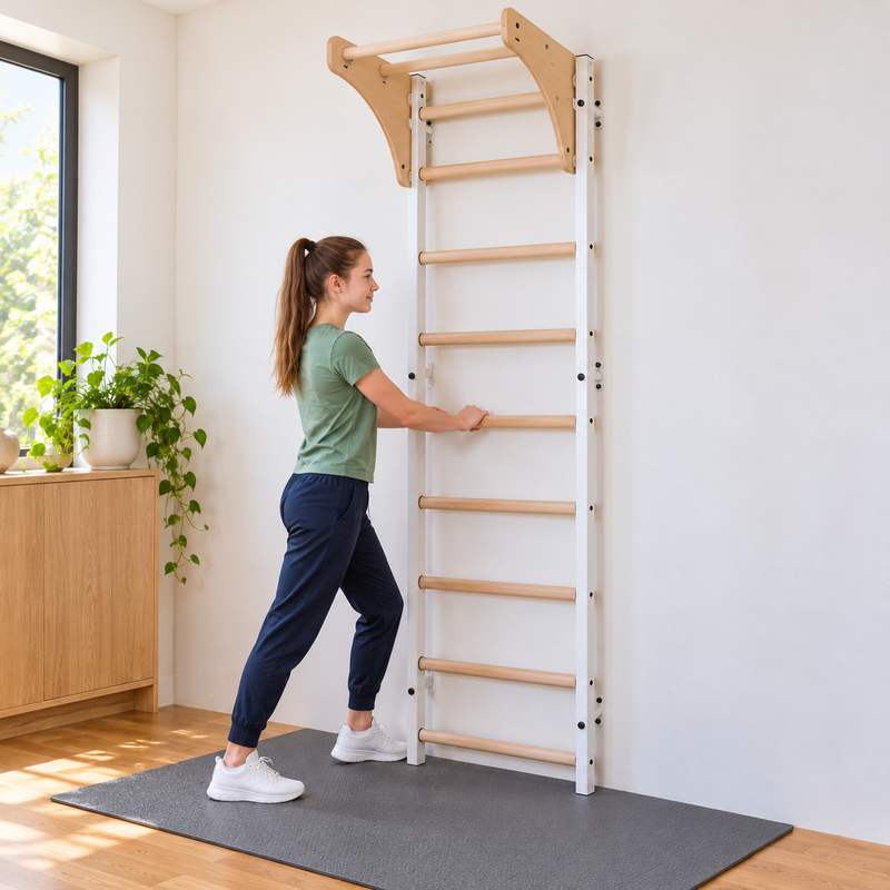 BenchK Wall Bars 711 - teen stretching beside the white frame in a bright home gym