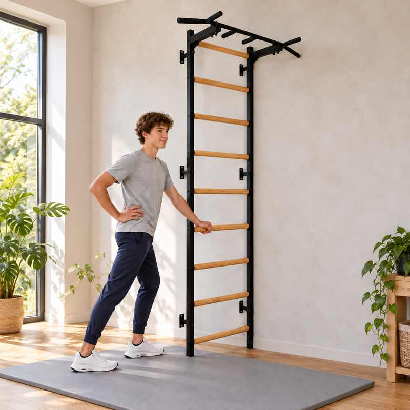 BenchK Wall Bars 721 - teen stretching beside the black frame in a bright home gym