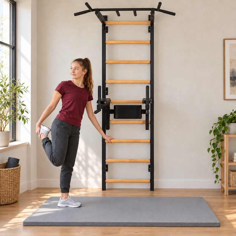 BenchK Wall Bars 722 - teen stretching beside the black frame in a bright home gym