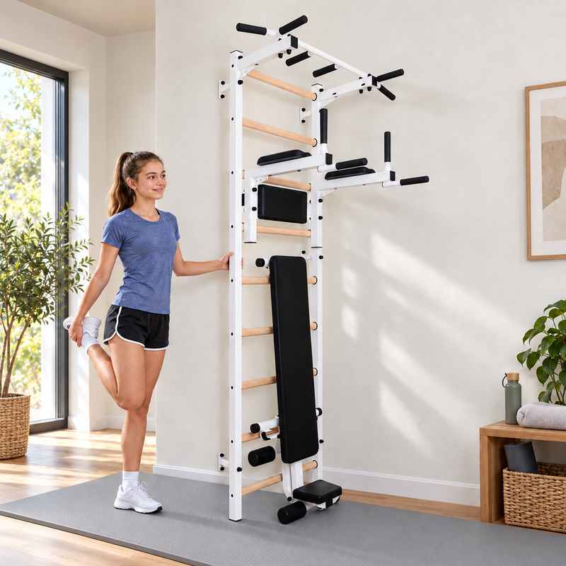 BenchK Wall Bars 723 - teen stretching beside the white frame in a bright home gym