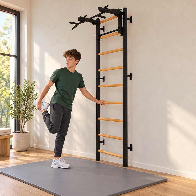 BenchK Wall Bars 731 - teen stretching beside the black frame in a bright home gym