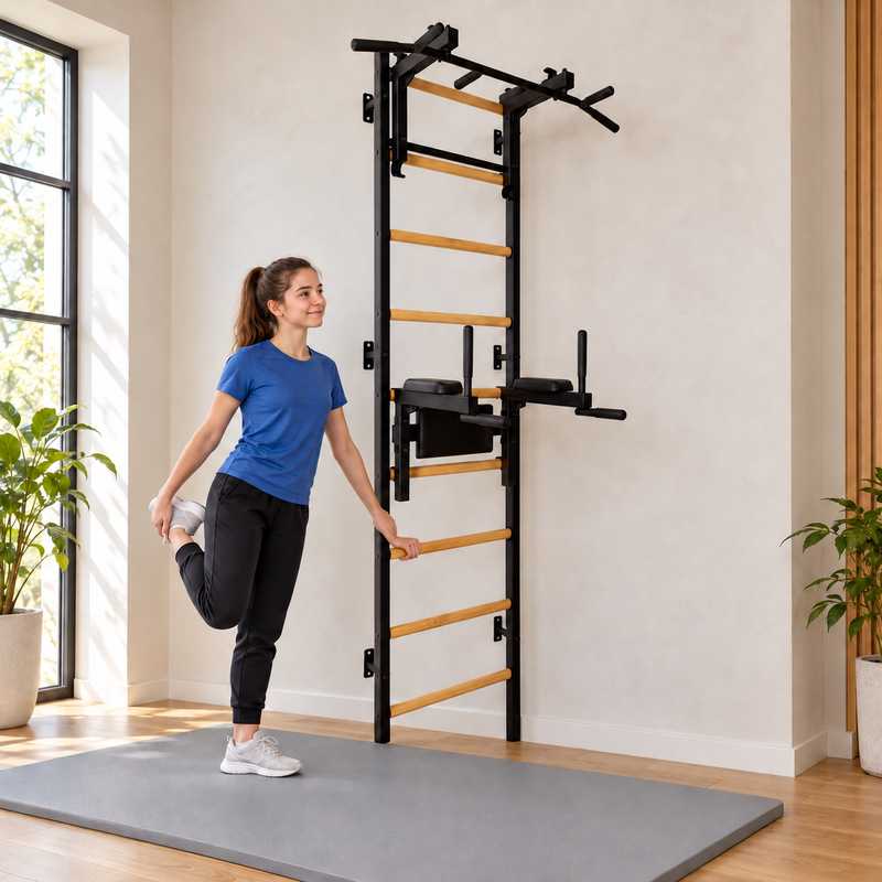 BenchK Wall Bars 732 - teen stretching beside the black frame in a bright home gym