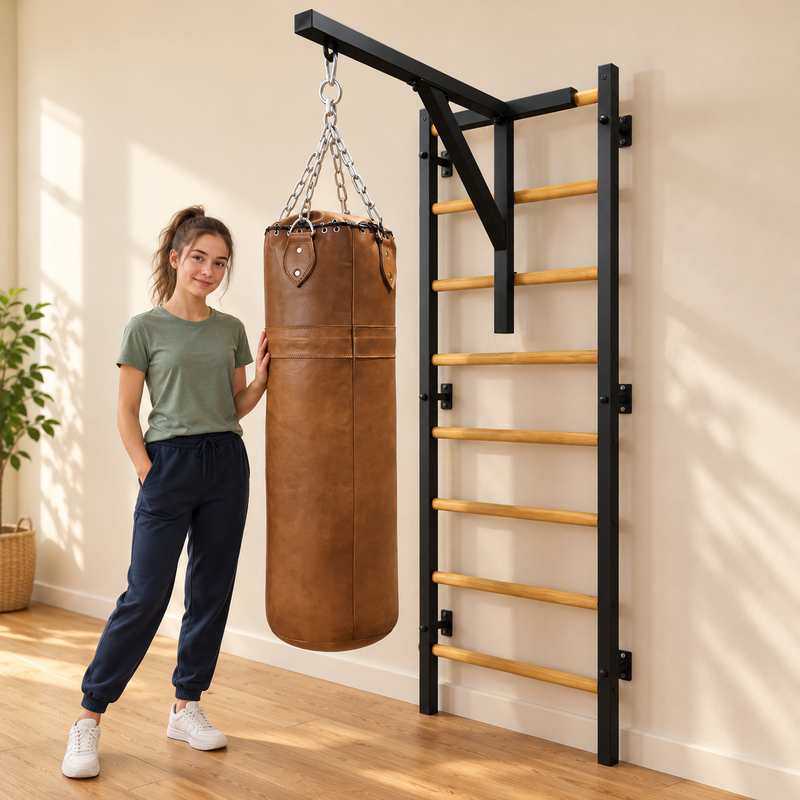 BenchK Punching Bag Holder BBHB / BBHW – Teen beside a bag suspended from the black center-braced holder; punching bag and supporting wall bars are sold separately.