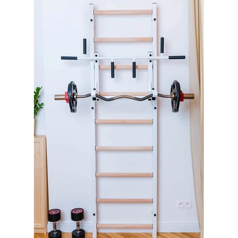 BenchK Convertible Pull-Up Bar PB3 – white PB3 in barbell-rest configuration; wall bars, barbell and weights sold separately
