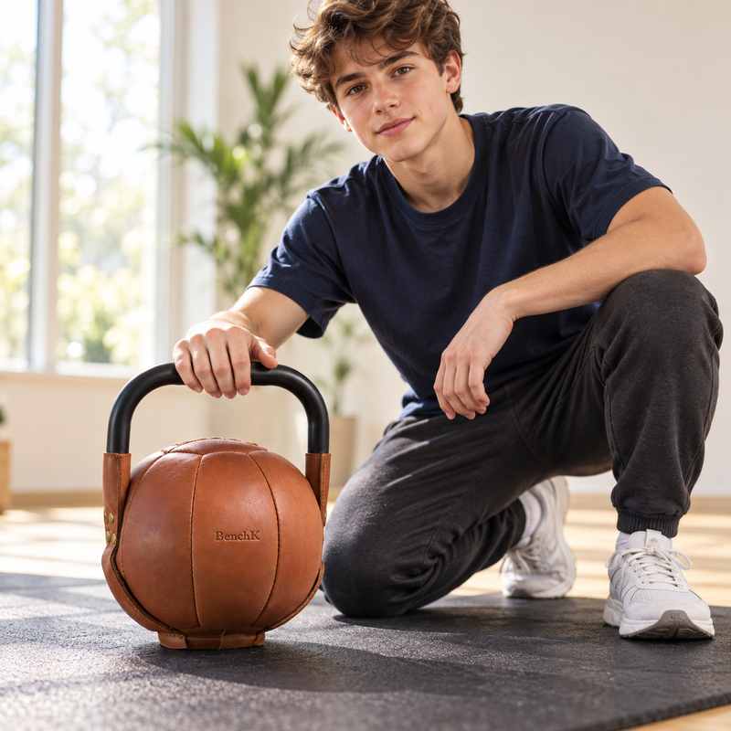 BenchK Leather Kettlebell – Teen kneeling beside the stationary brown leather kettlebell with a hand resting on its black metal handle; floor mat is sold separately.