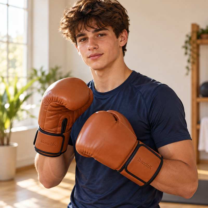 BenchK Leather Boxing Gloves worn by an older teen in a home training room