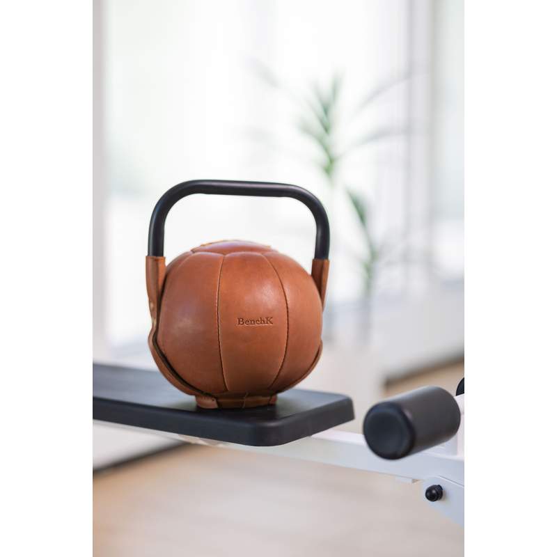 BenchK Leather Kettlebell – brown leather 26.5 lb kettlebell with metal handle